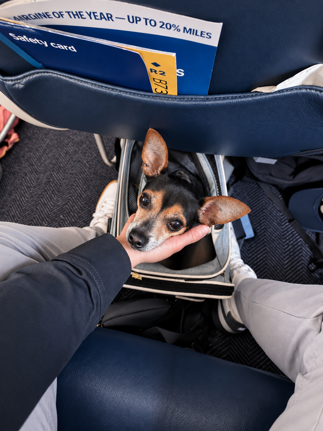 Scout resting his chin in a traveler's hand beside his carrier aboard an airplane