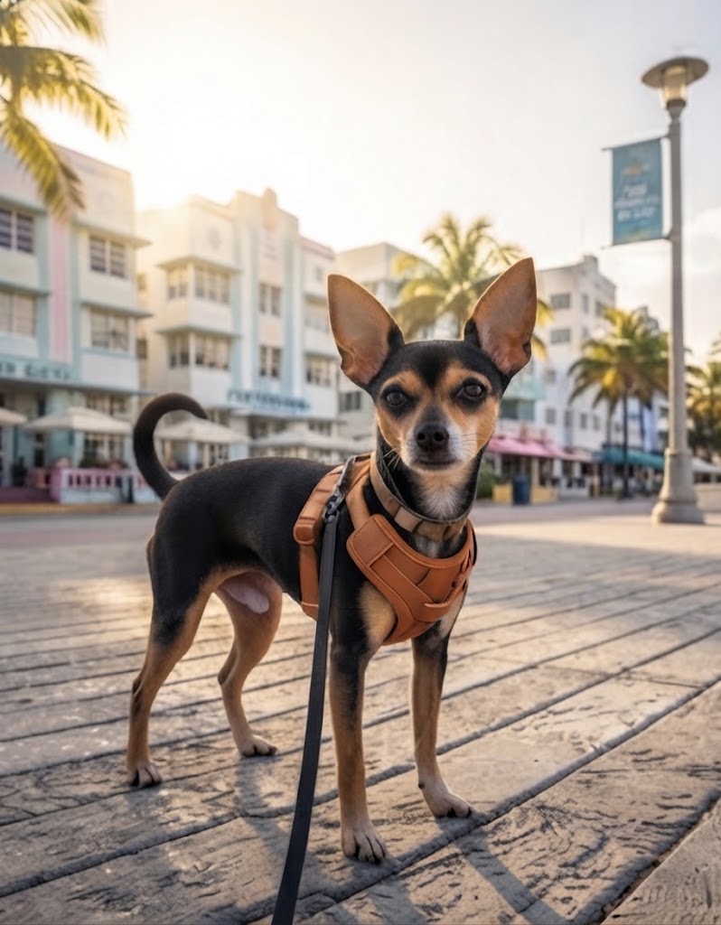 Scout standing on a palm-lined Art Deco street in Miami