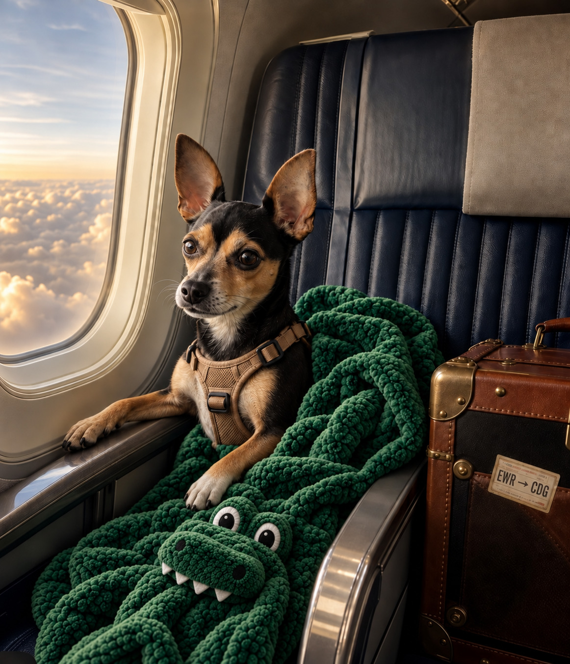 Scout sitting at an airplane window beside his green blanket and travel trunk